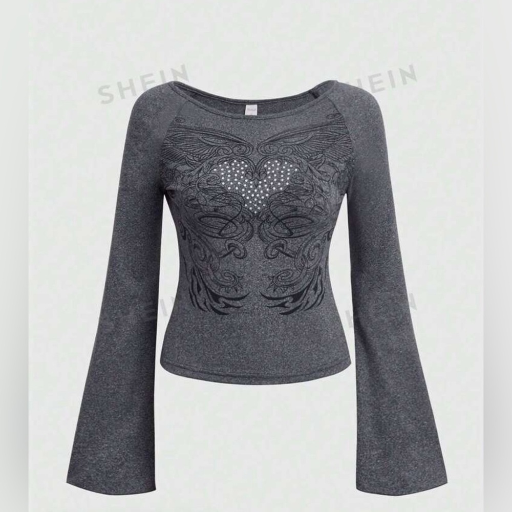 ROMWE Fairy-core Heart Print Flounce Sleeve Tee